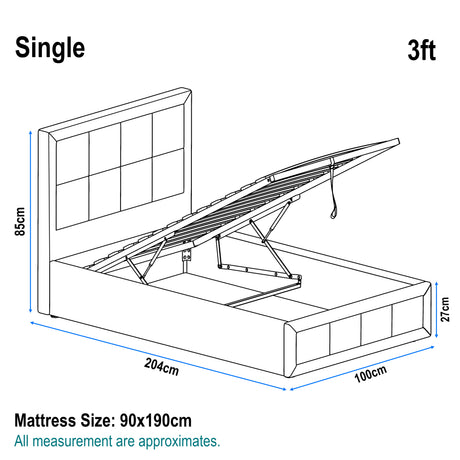 Technical diagram of single ottoman bed frame with headboard, showing dimensions 204cm x 100cm x 85cm and mattress size 90x190cm.