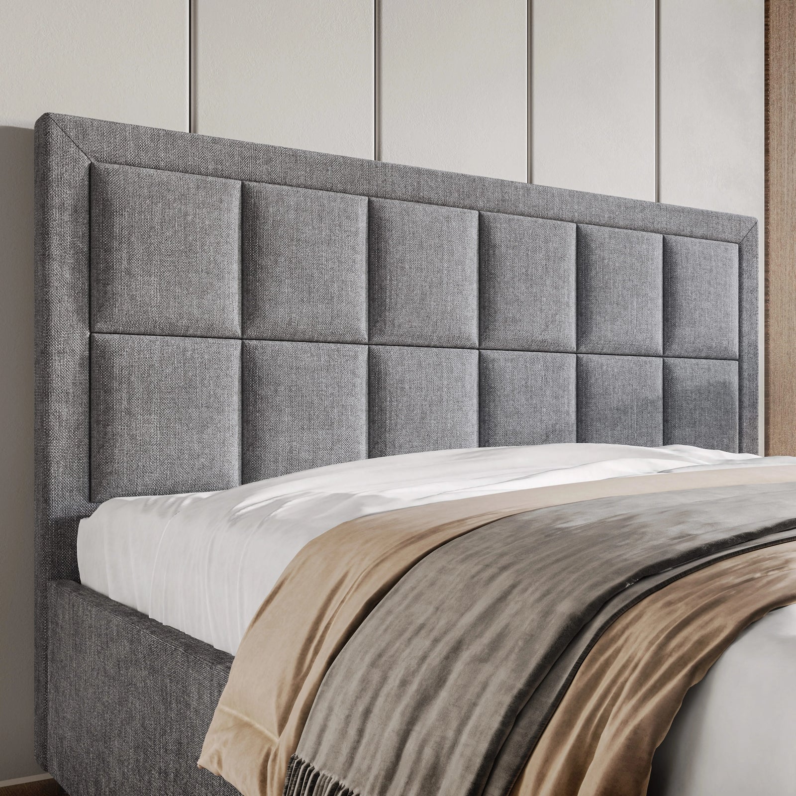 [Super King | Grey] Close-up of super king linen ottoman bed headboard featuring grid-panel design with channel stitching