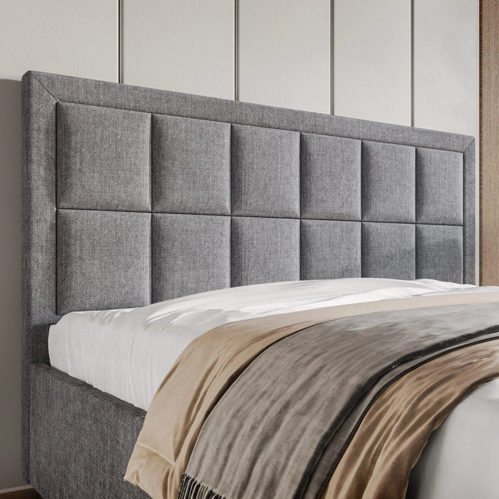 [Super King | Grey] Close-up of super king linen ottoman bed headboard featuring grid-panel design with channel stitching