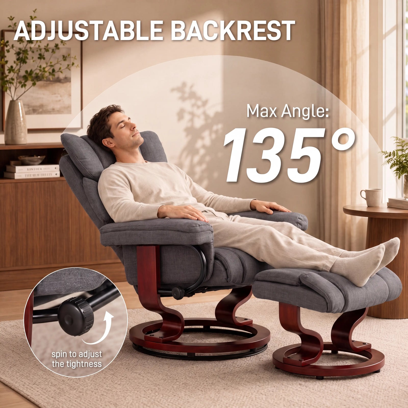 [Grey - Linen] A man reclining in adjustable swivel lounge chair with matching footrest in a living room.