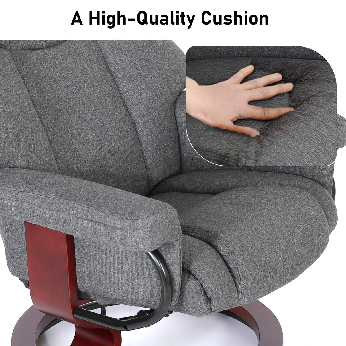 Close-up of grey cushion on Recliner Swivel Armchair With Footstool | Lounge Chair, highlighting soft-touch fabric and ergonomic padding.