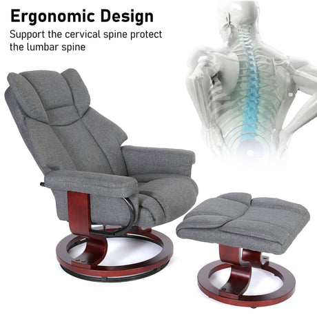 Ergonomic grey Recliner Swivel Armchair With Footstool | Lounge Chair designed to support spine health and provide superior comfort.