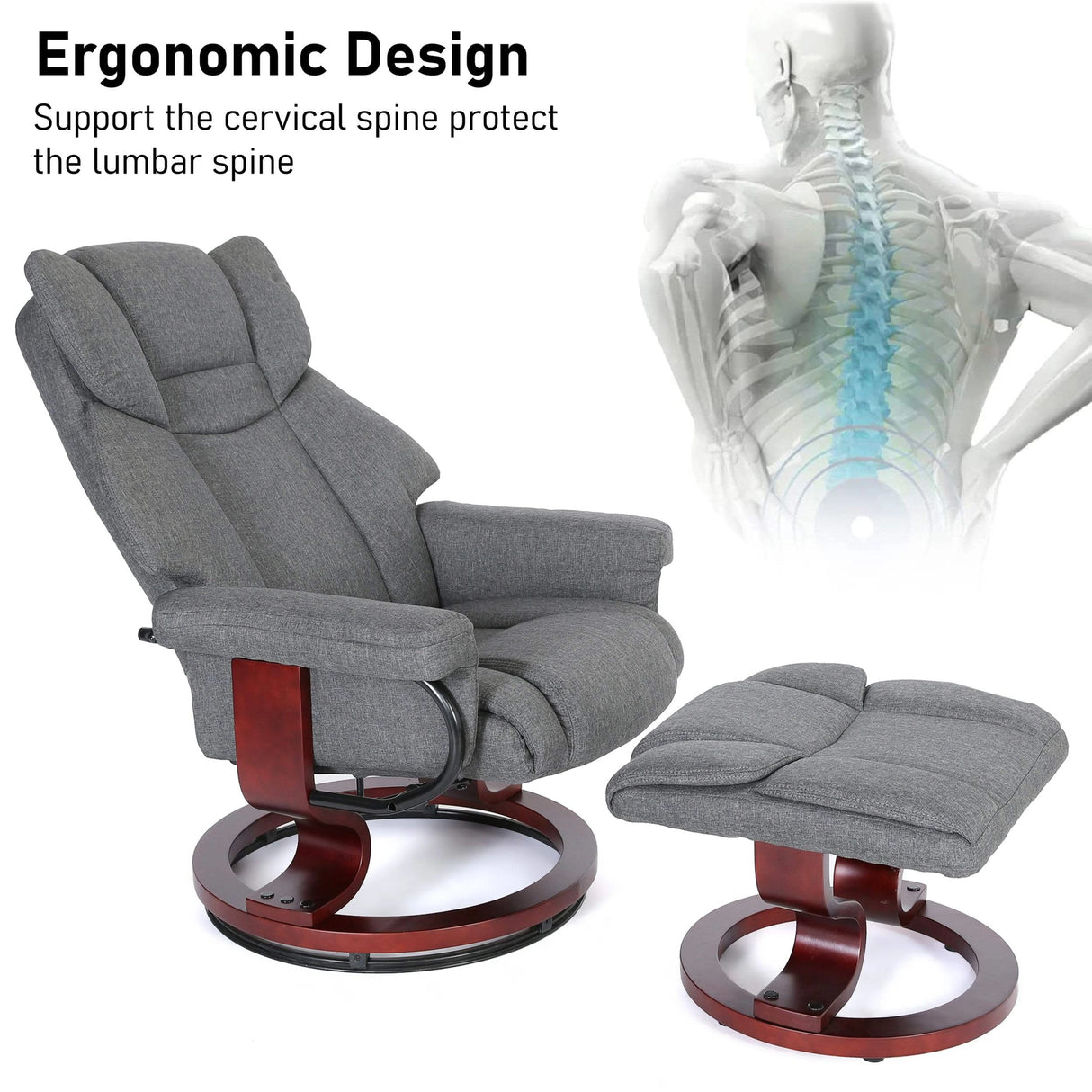 Ergonomic grey Recliner Swivel Armchair With Footstool | Lounge Chair designed to support spine health and provide superior comfort.