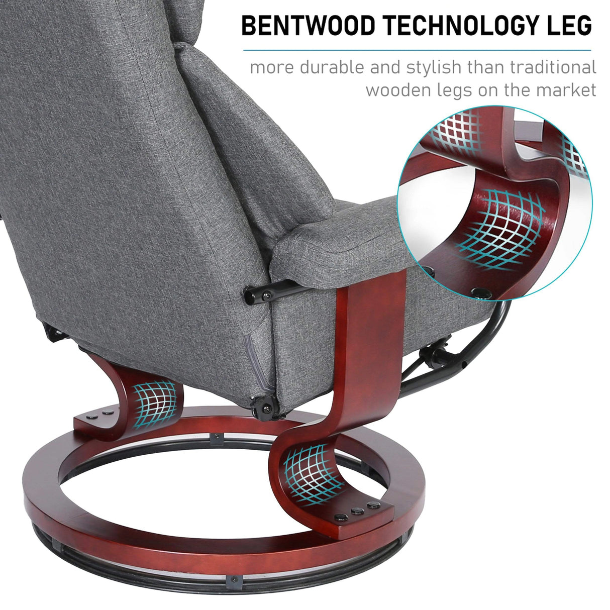 Grey Recliner Swivel Armchair With Footstool | Lounge Chair with bentwood technology leg for enhanced durability and modern appeal.