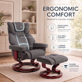 [Grey - Linen] swivel recliner chair with footstool offering ergonomic head, back and lumbar support