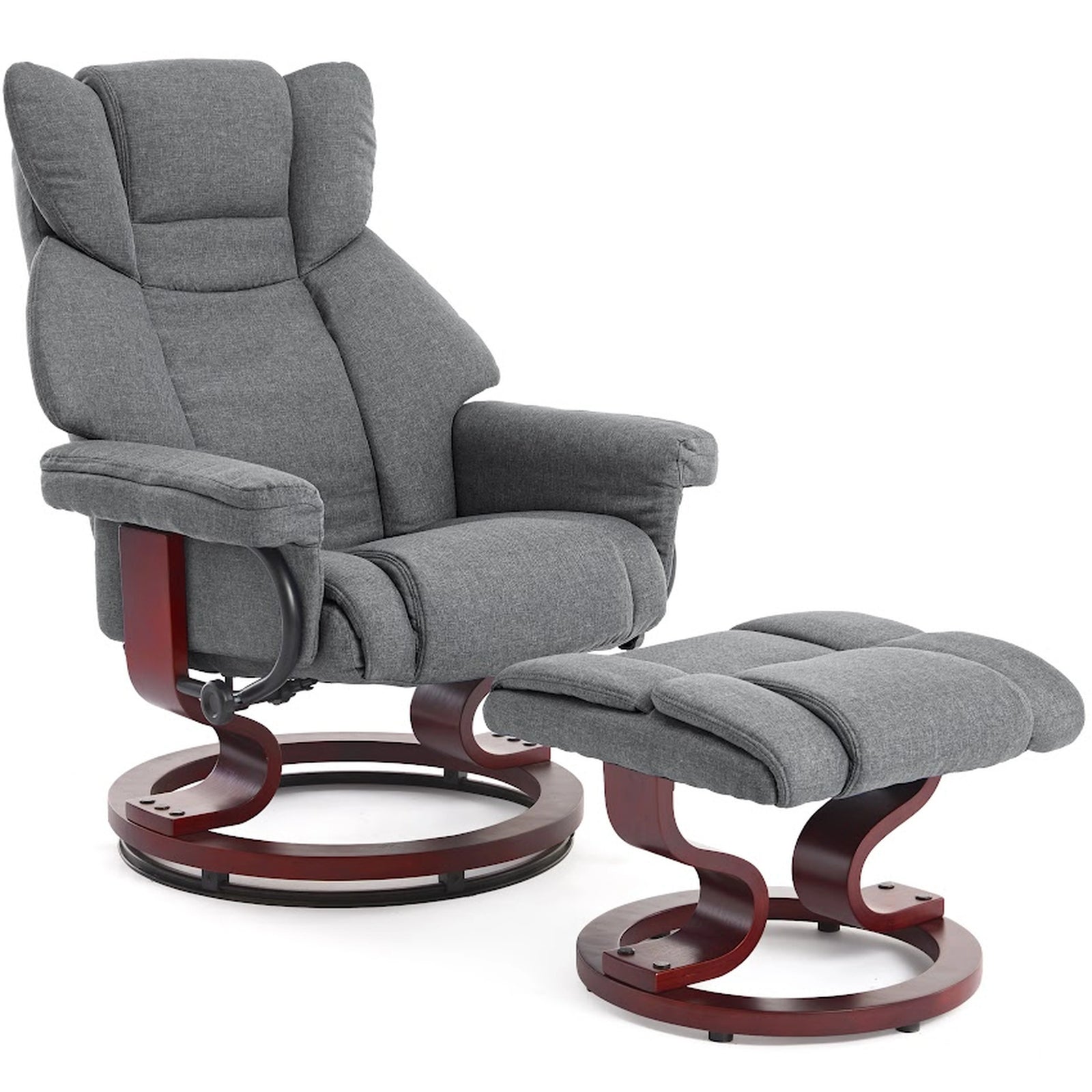 Grey fabric Recliner Swivel Armchair With Footstool | Lounge Chair with curved wooden base, perfect for stylish and supportive seating.