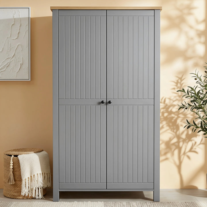 [Grey] Linra bedroom furniture set 2 door wardrobe front view with vertical panel doors and oak top