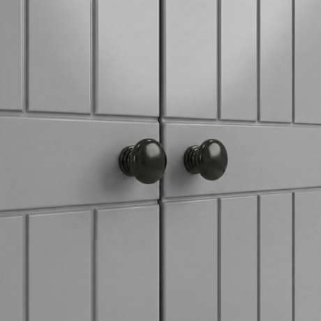 [Grey] Linra 2 Door Wardrobe close-up of grooved door fronts showing paired round black knob handles against matte grey finish