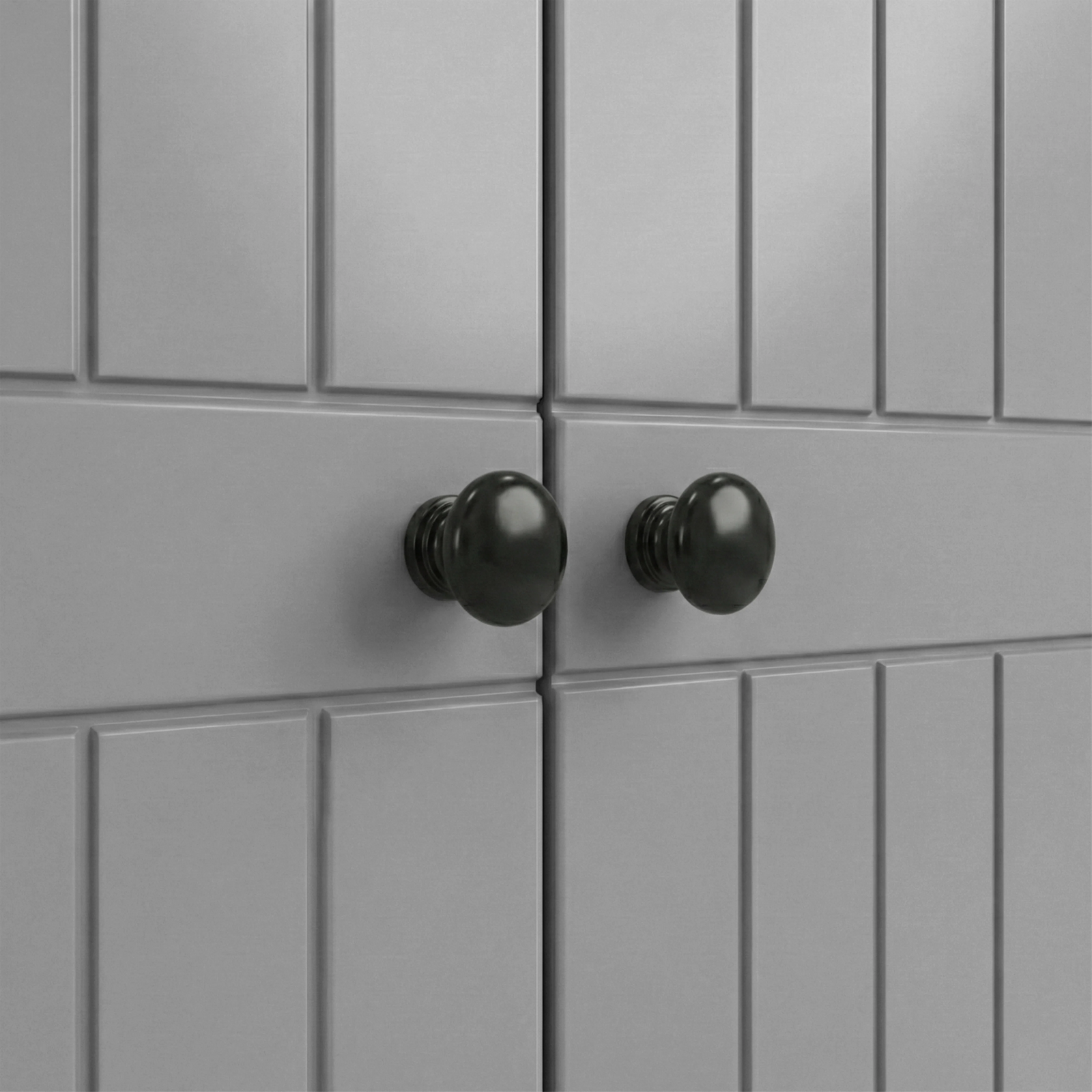 [Grey] Linra 2 door wardrobe handle close-up, twin black knobs at door meeting point, vertical groove pattern