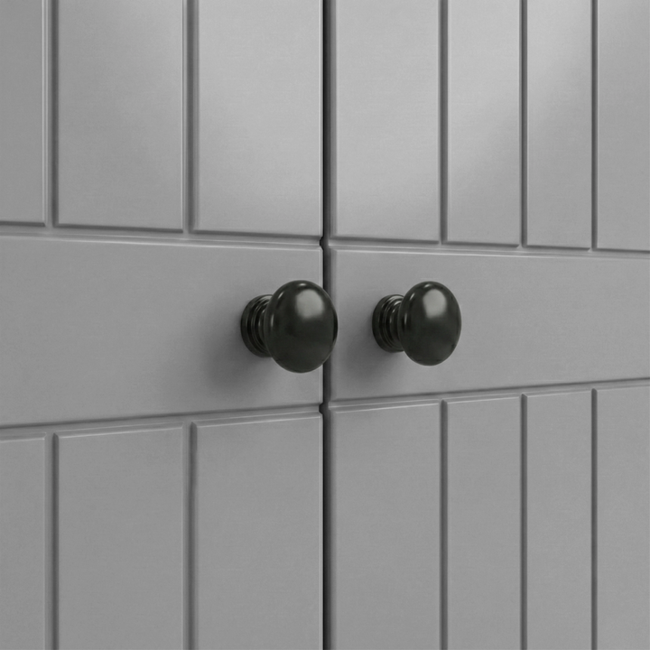 [Grey] Linra 2 door wardrobe handle close-up, twin black knobs at door meeting point, vertical groove pattern