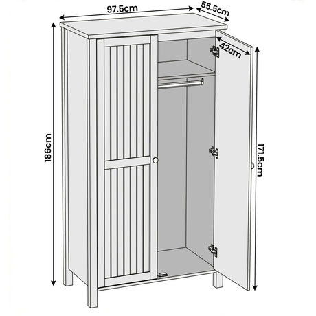 [Grey] Linra 2 Door Wardrobe dimensions diagram showing 97.5cm width, 55.5cm depth, 186cm height, and 171.5cm internal height