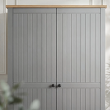 [Grey] Linra 2 Door Wardrobe upper section close-up showing vertical grooved door panels, oak effect top edge, and round black knobs