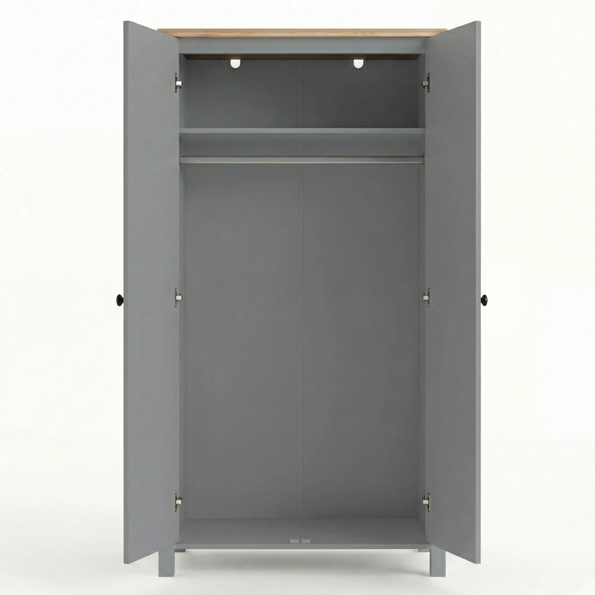 [Grey] Linra 2 Door Wardrobe fully open on white background showing empty interior with upper shelf, hanging rail, and hinge detail