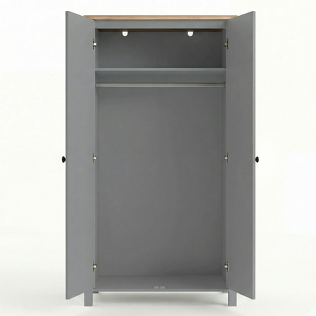 [Grey] Linra 2 Door Wardrobe fully open on white background showing empty interior with upper shelf, hanging rail, and hinge detail