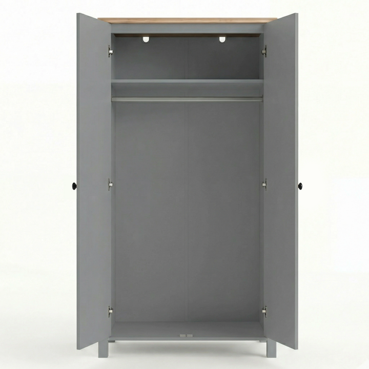 [Grey] Linra 2 door wardrobe fully open product shot, empty interior, top shelf, hanger rail, white background
