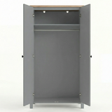 [Grey] Linra 2 door wardrobe fully open product shot, empty interior, top shelf, hanger rail, white background