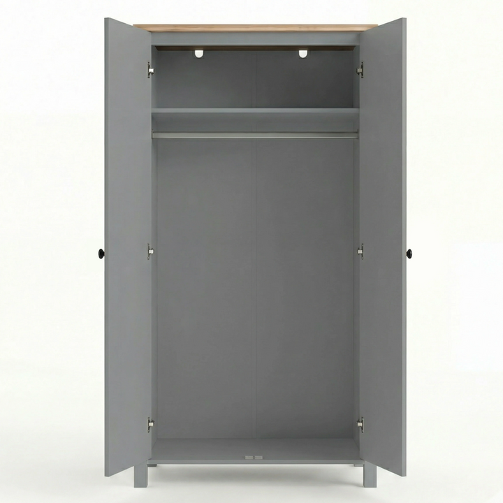 [Grey] Linra 2 door wardrobe fully open product shot, empty interior, top shelf, hanger rail, white background