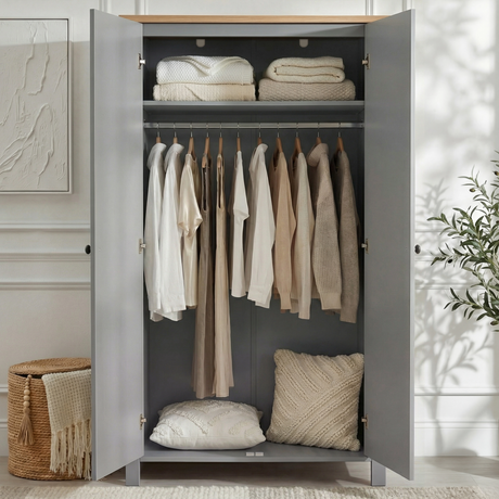 [Grey] Linra 2 Door Wardrobe open interior showing upper shelf with folded textiles, hanging rail with garments, and floor storage