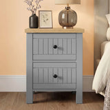 [Grey] Linra bedroom furniture set nightstand front, grey panelled drawers with knobs and oak cap