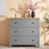 [Grey] Chest of drawers from Linra bedroom furniture set styled with vase and round mirror on panelled wall