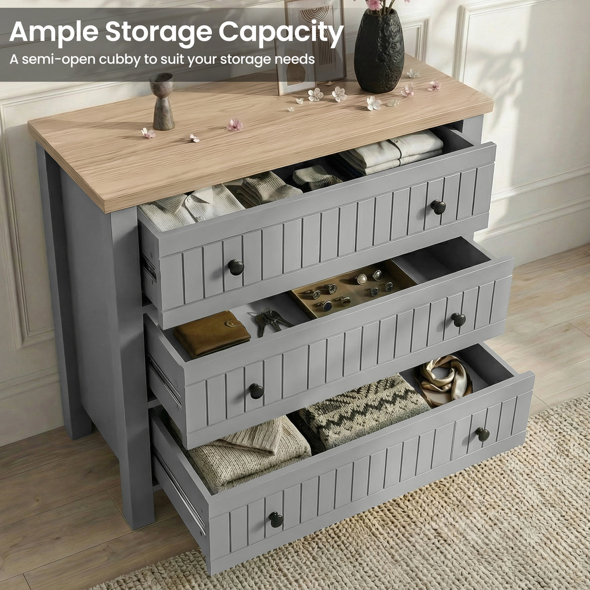 [Grey] Storage detail Linra bedroom furniture set chest, three open drawers with neutral textiles