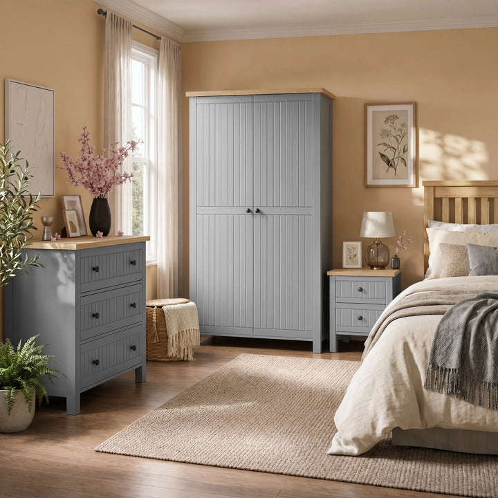 [Grey] Linra bedroom furniture set styled in panelled bedroom with grey wardrobe, 3 drawer chest and bedside