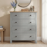 [Grey] Linra Painted 4 Piece Bedroom Furniture Set Grey four-drawer chest front view with tongue-and-groove fronts, paired black knobs, oak top, blue flowers, and round mirror