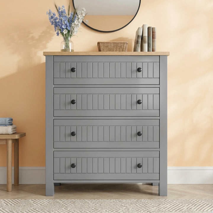 [Grey] Linra Grey Painted 3 Piece Bedroom Set - Oak Top front view of the 4-drawer slatted chest.