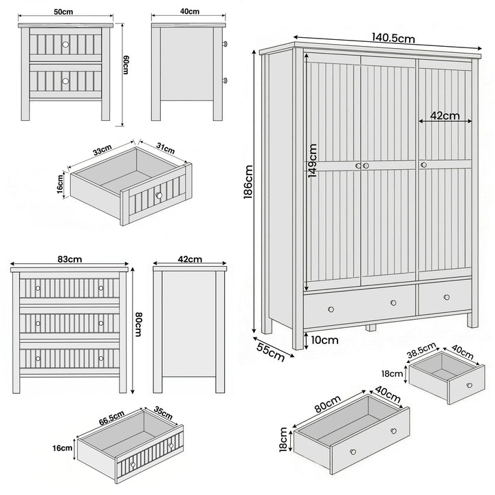[Grey] Linra bedroom furniture set: wardrobe 140.5 x 55 x 186, chest 83 x 42 x 80, bedside 50 x 40 x 60 cm