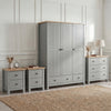 [Grey] Linra bedroom furniture set with 3 door wardrobe, 3 drawer chest and pair of 2 drawer bedsides on jute rug