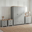 [Grey] Linra bedroom furniture set with 3 door wardrobe, 3 drawer chest and pair of 2 drawer bedsides on jute rug