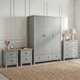 [Grey] Linra bedroom furniture set with 3 door wardrobe, 3 drawer chest and pair of 2 drawer bedsides on jute rug