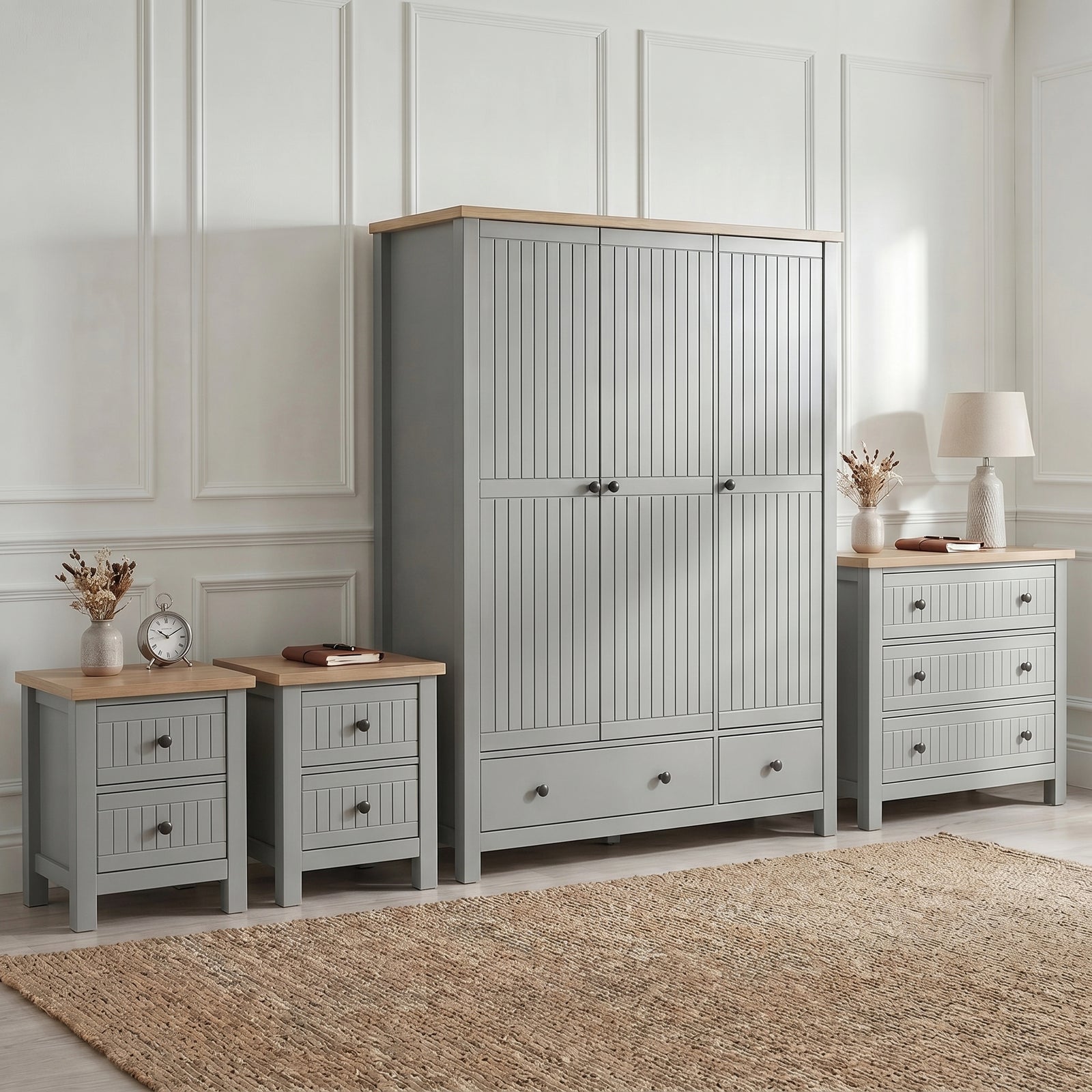 [Grey] Linra bedroom furniture set with 3 door wardrobe, 3 drawer chest and pair of 2 drawer bedsides on jute rug