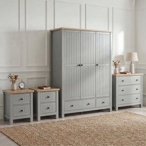 [Grey] Linra bedroom furniture set with 3 door wardrobe, 3 drawer chest and pair of 2 drawer bedsides on jute rug