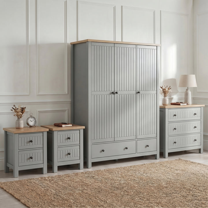 [Grey] Linra bedroom furniture set with 3 door wardrobe, 3 drawer chest and pair of 2 drawer bedsides on jute rug