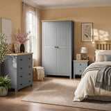 [Grey] Linra Grey Painted 3 Piece Bedroom Set - Oak Top fully arranged in a modern warm-toned bedroom.