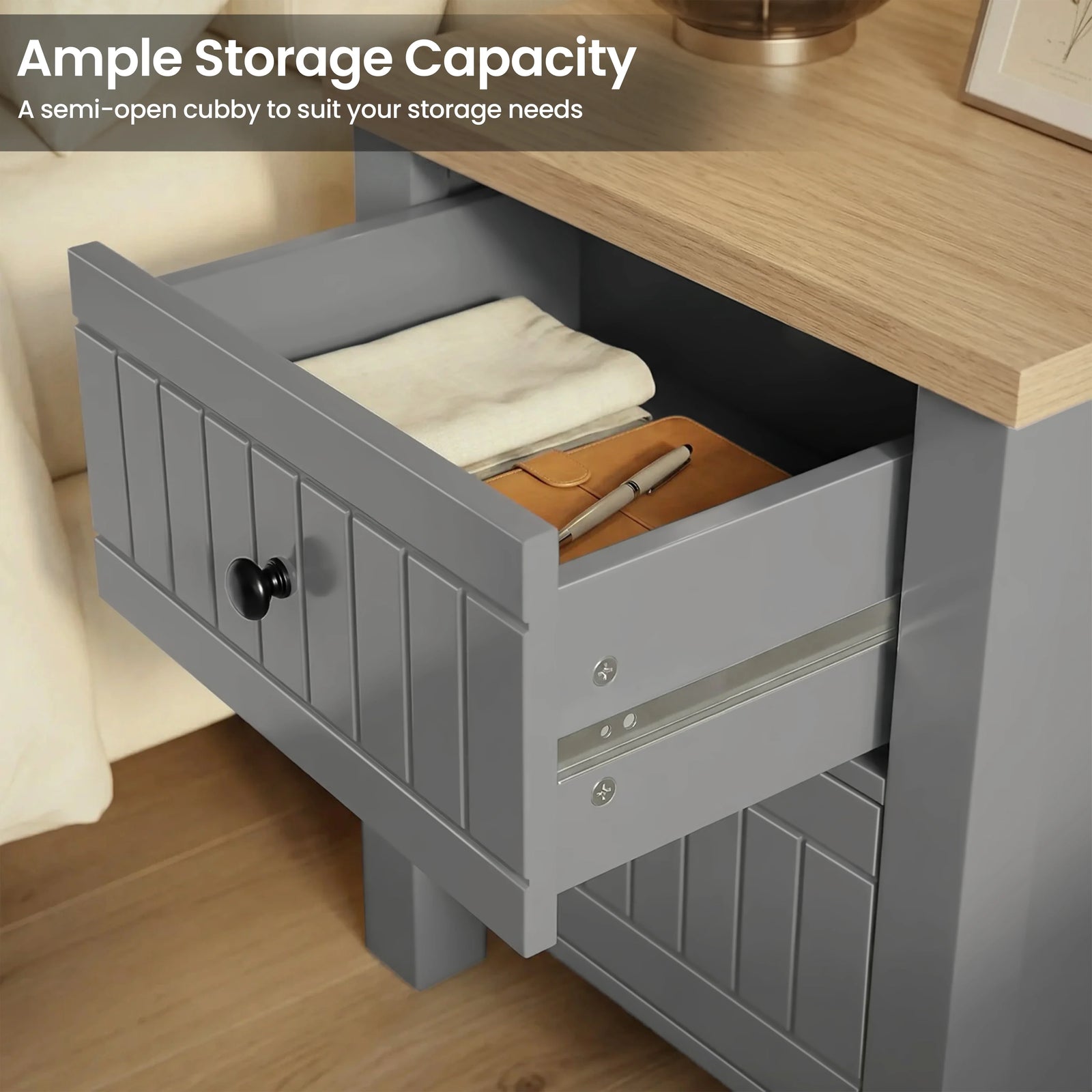 [Grey] Detail Linra bedroom furniture set bedside with one drawer open showing runner and contents