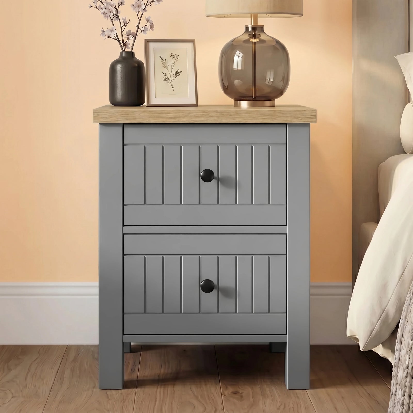 [Grey] Linra Grey Painted 3 Piece Bedroom Set - Oak Top front view of the 2-drawer slatted bedside table.