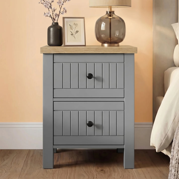 [Grey] Linra Grey Painted 3 Piece Bedroom Set - Oak Top front view of the 2-drawer slatted bedside table.