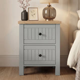 [Grey] Linra Painted 4 Piece Bedroom Furniture Set Grey two-drawer slatted front bedside table sitting next to a bed.