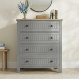 [Grey] Front view of Linra bedroom furniture set chest, four slatted drawers with black knobs and oak top