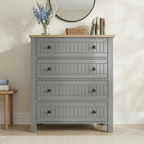 [Grey] Front view of Linra bedroom furniture set chest, four slatted drawers with black knobs and oak top