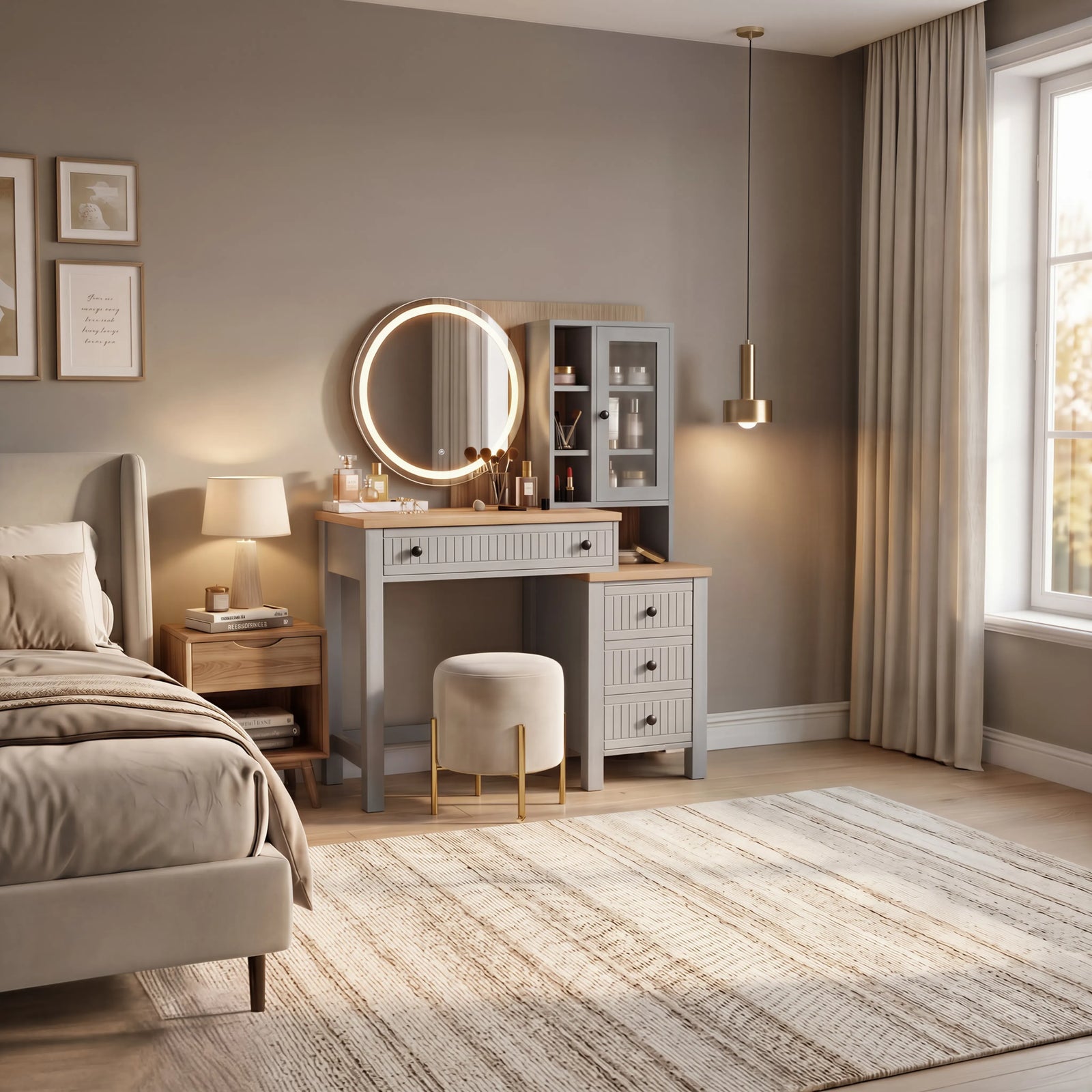 [Grey] Linra Grey Painted Dressing Table with LED Mirror and Storage in a beautifully styled bedroom setting.