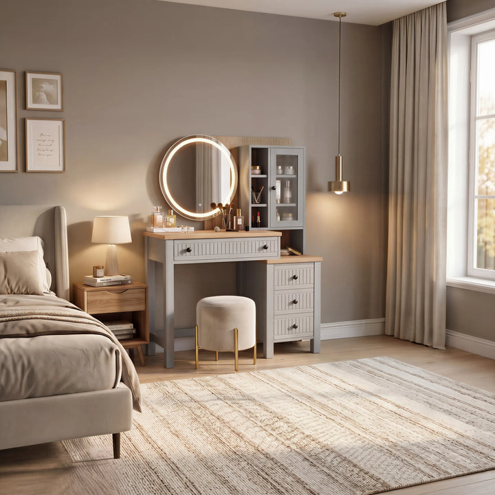 [Grey] Linra Grey Painted Dressing Table with LED Mirror and Storage in a beautifully styled bedroom setting.