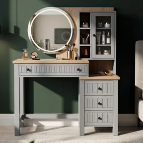 [Grey] Linra dressing table front view with LED mirror, fluted top drawer and matching glass-door cabinet