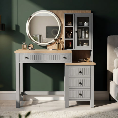 [Grey] Linra dressing table front view with illuminated LED mirror and full width storage drawer arrangement