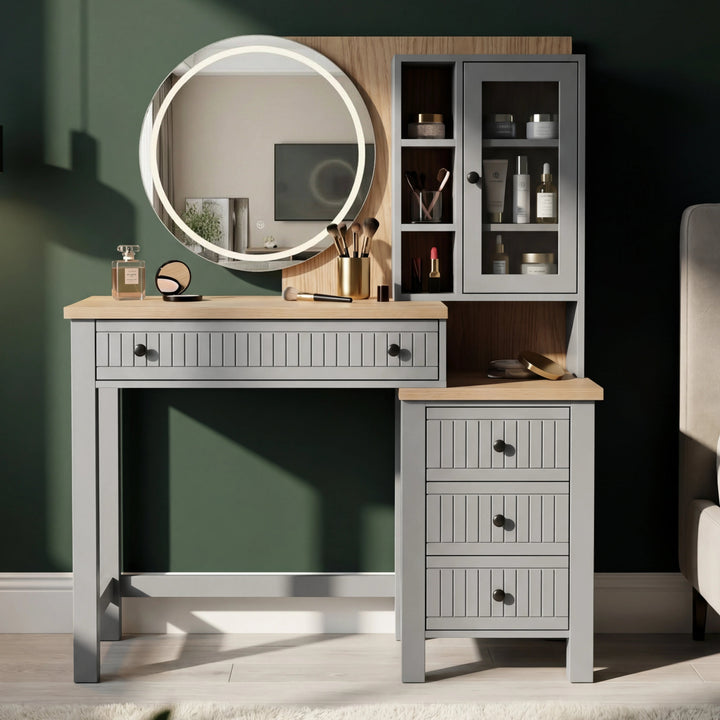 [Grey] Linra dressing table front view with LED mirror, fluted top drawer and matching glass-door cabinet