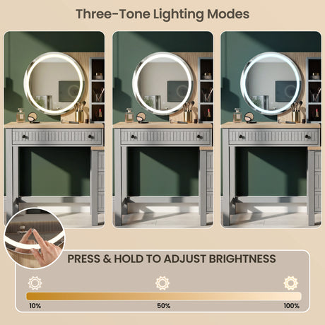 [Grey] Linra grey vanity desk with three-tone LED lighting and touch-sensor dimming from 10% to 100% brightness.