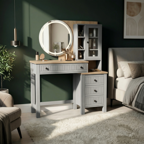 [Grey] Linra dressing table styled in a contemporary bedroom with LED mirror lit and vanity accessories displayed
