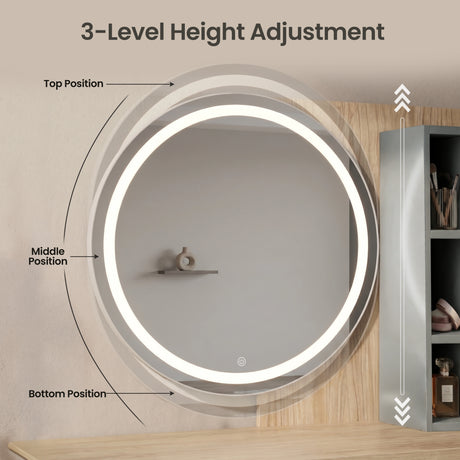 [Grey] Linra grey dressing table showing a 3-level height adjustable LED mirror with top, middle, and bottom positions.